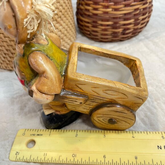Set Of 2 Rustic Woven Baskets & Scarecrow Planter Figurine with Wagon - Handcraf - Picture 15 of 16